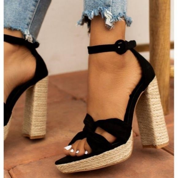 Shoes - Platform Ankle Strap Espadrilles in Black